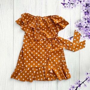 Light brown polka dot off shoulder ruffle dress